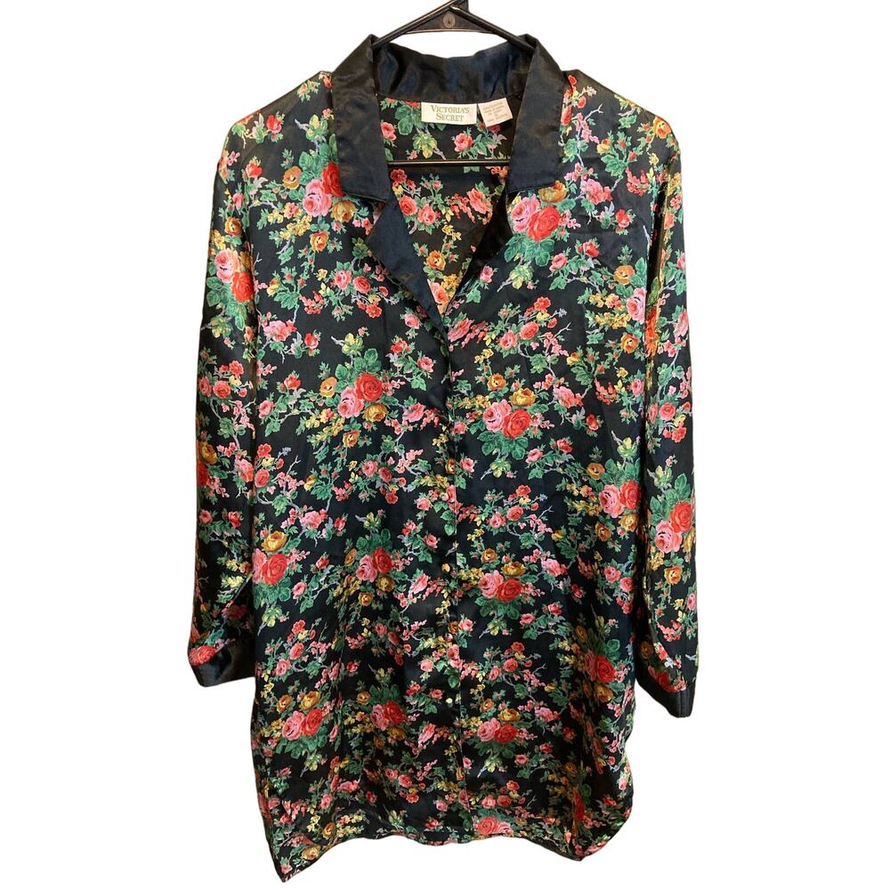 Vintage Gold Label Victoria's Secret Long Sleeve Collared Floral Silky Dress S